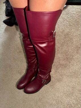 Over-the-Knee Buckle Riding Boots in Burgundy